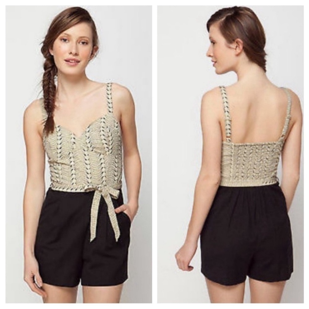 Anthropologie Cream Crochet Bodice Black Shorts Romper